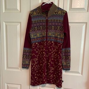 Icelandic Design Burgundy Patterned Long Sleeve Long Cardigan/Dress